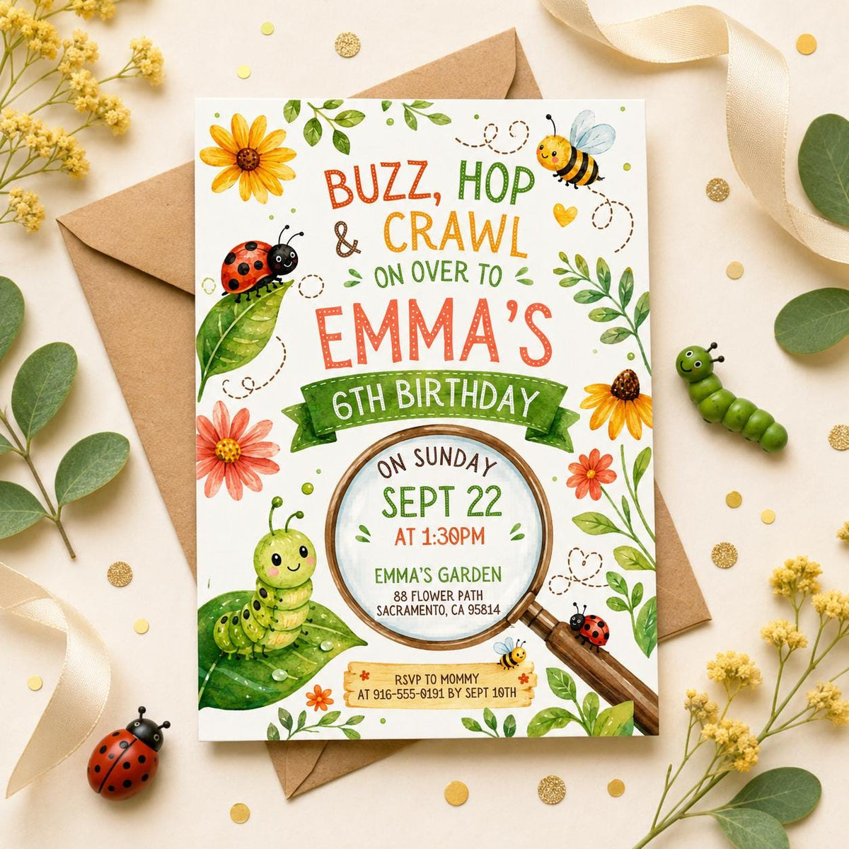 Buzz Hop and Crawl 6th Birthday Invitation with Smiling Bugs — caterpillar artwork in green red