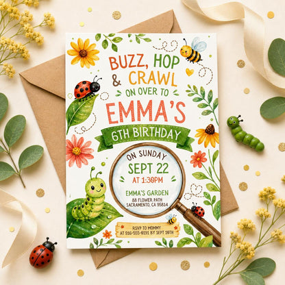 Buzz Hop and Crawl 6th Birthday Invitation with Smiling Bugs — caterpillar artwork in green red