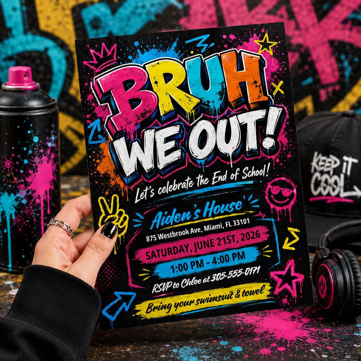 Colorful Bruh We Out End of School Pool Party Invitation — graffiti artwork in black and blue