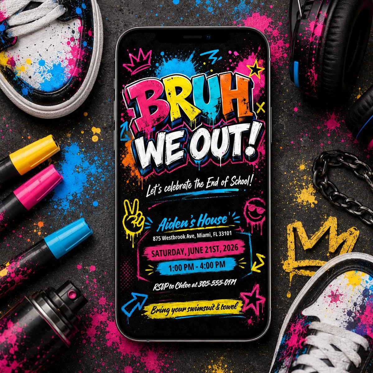 Colorful Bruh We Out End of School Pool Party Invitation — print-ready end-of-year celebration design from VoltBy