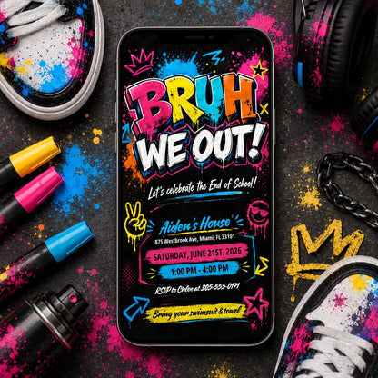 Colorful Bruh We Out End of School Pool Party Invitation — print-ready end-of-year celebration design from VoltBy