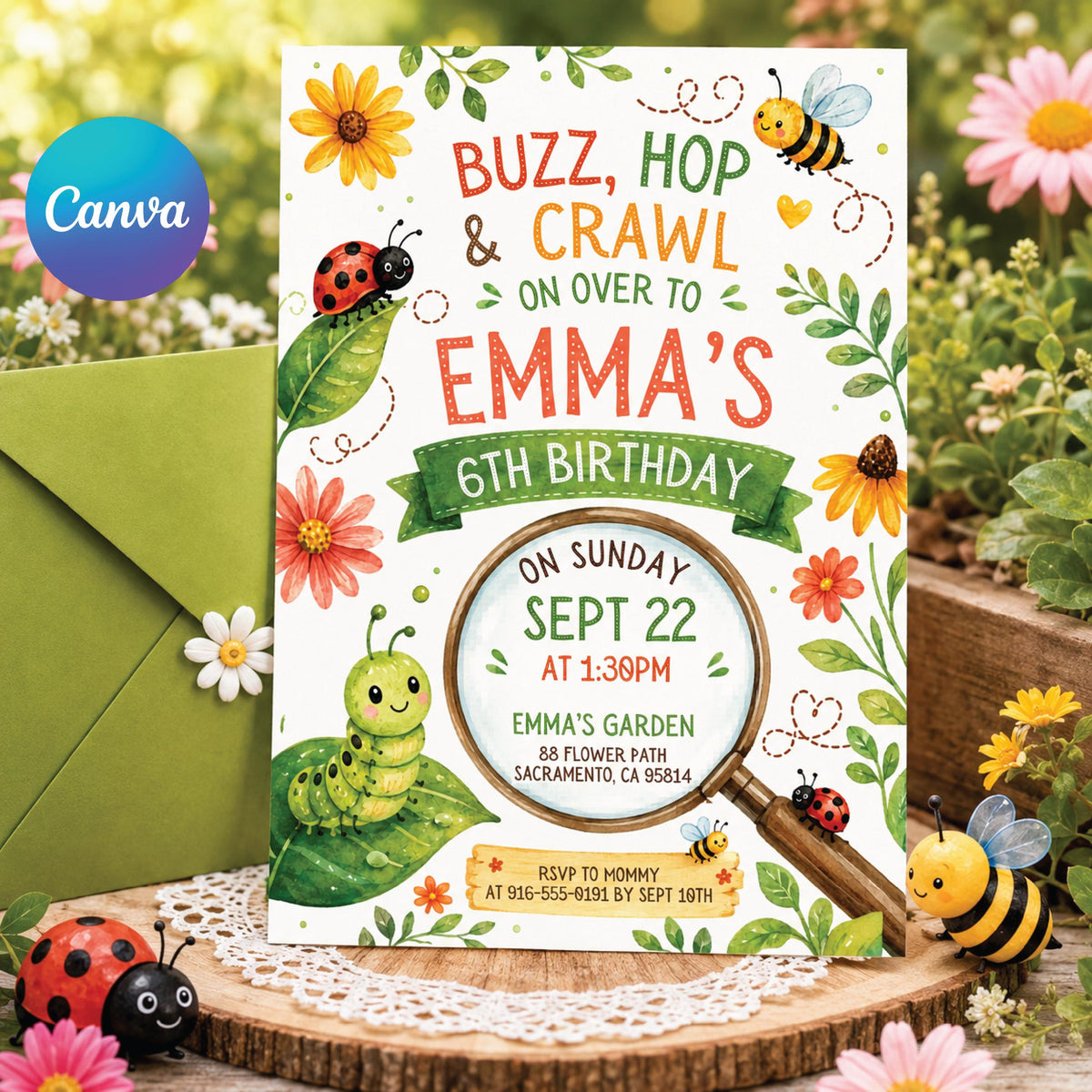 Buzz Hop and Crawl 6th Birthday Invitation with Smiling Bugs — editable Canva template