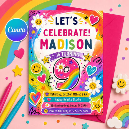 Rainbow Daisy 9th Birthday Invitation — editable Canva template