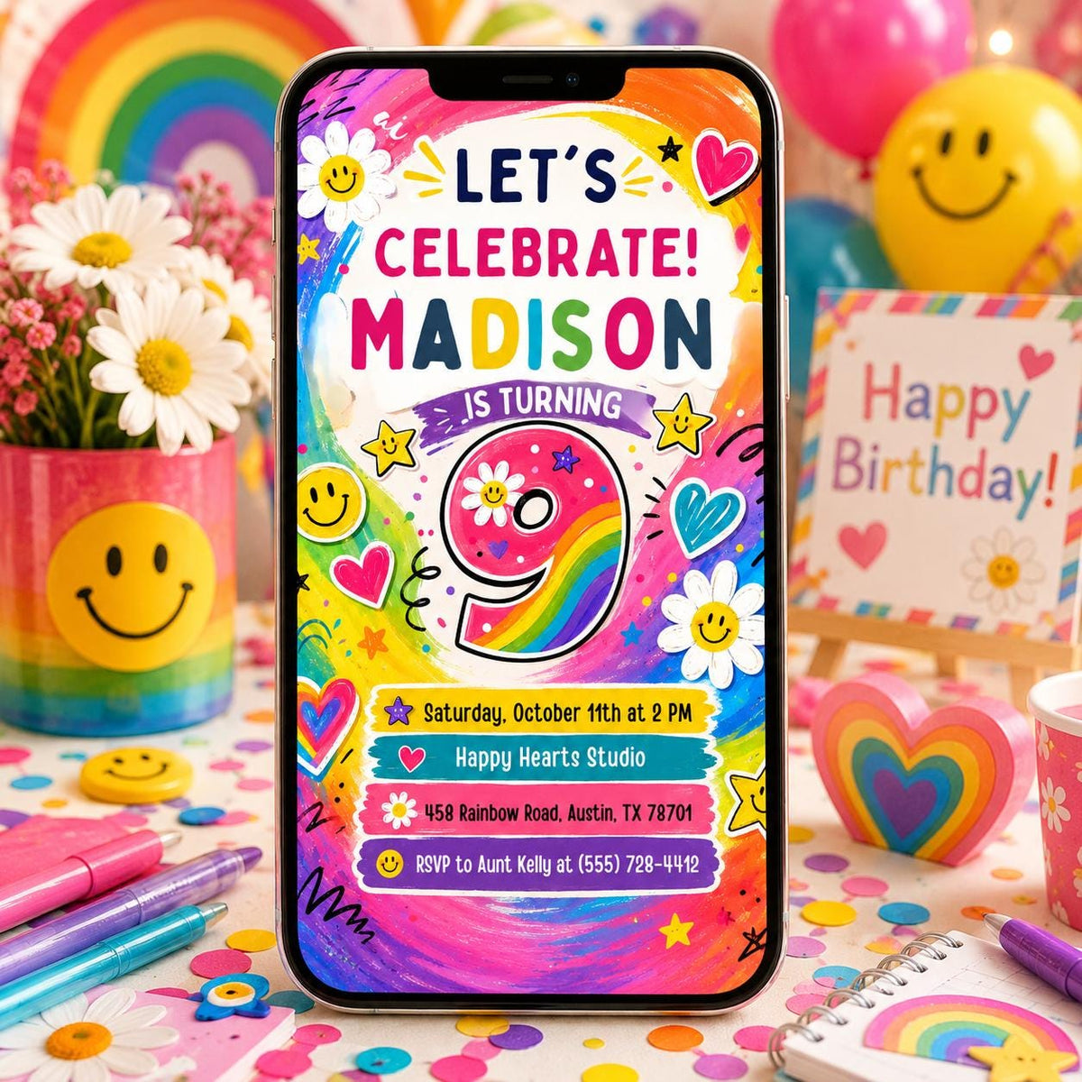 Rainbow Daisy 9th Birthday Invitation — smiley artwork in white