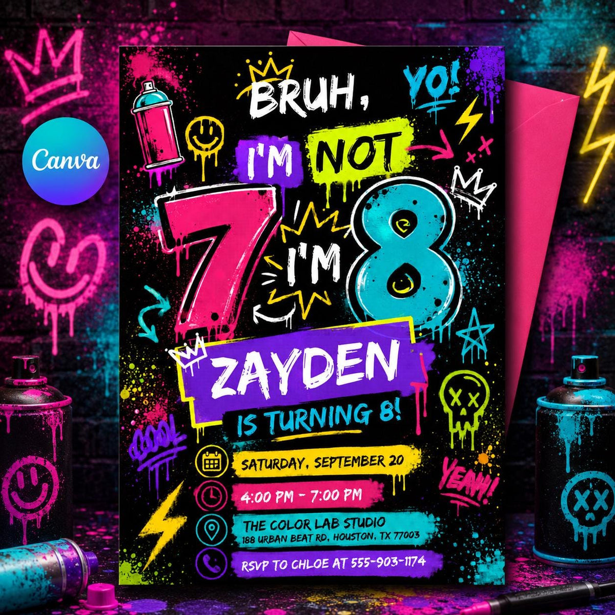 Graffiti Birthday Invitation — editable Canva template