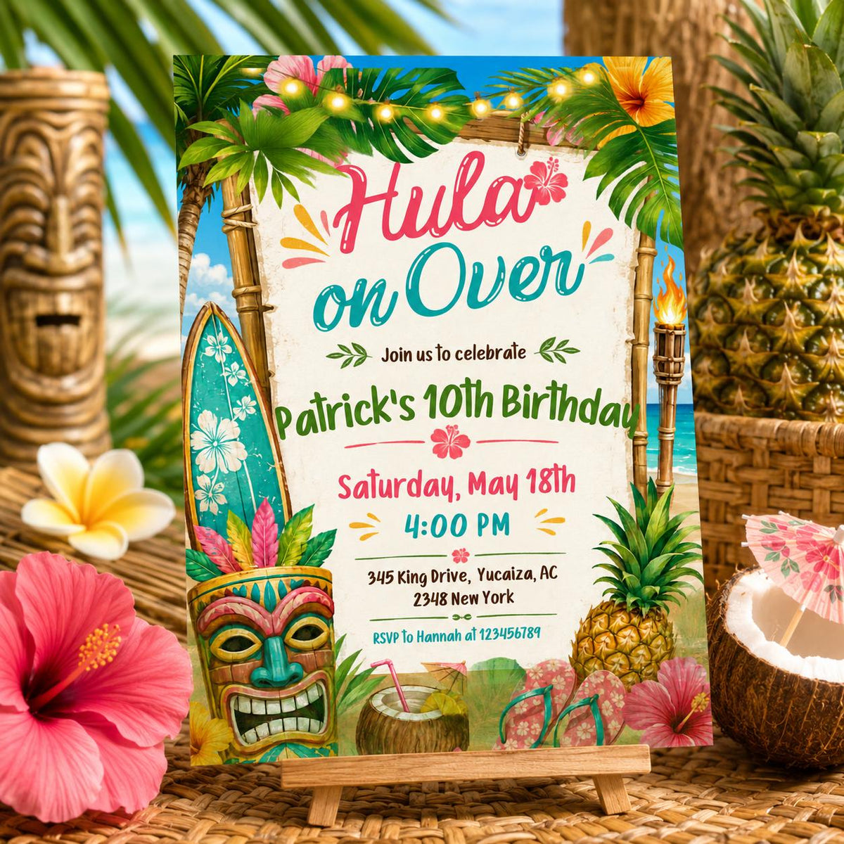 Hula on Over Tropical 10th Birthday Invitation — beach and hibiscus design