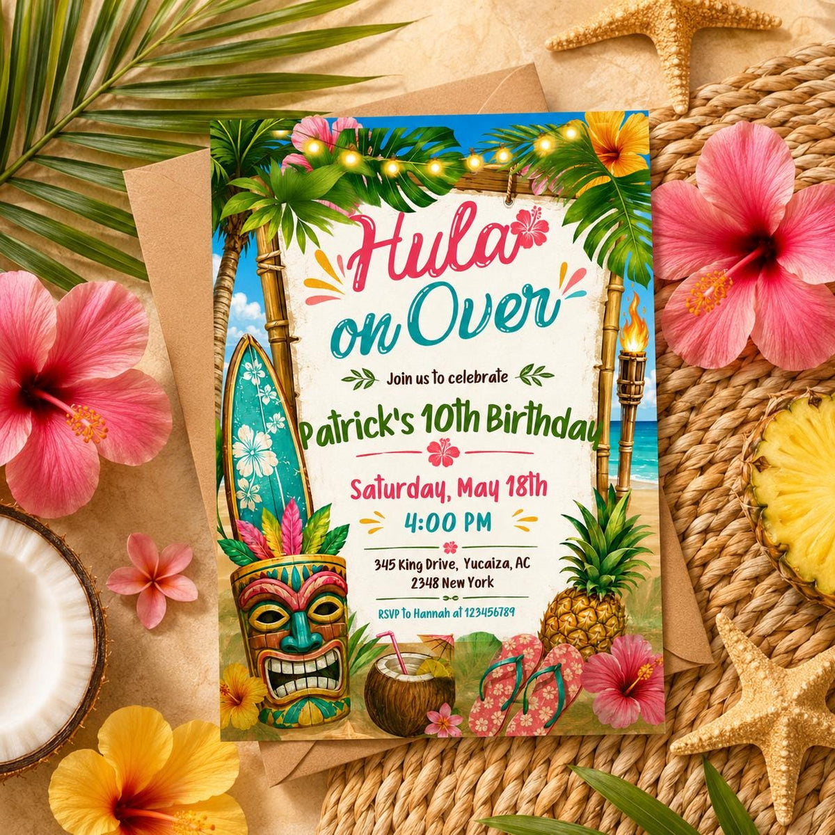 Hula on Over Tropical 10th Birthday Invitation — invitation you personalize in Canva