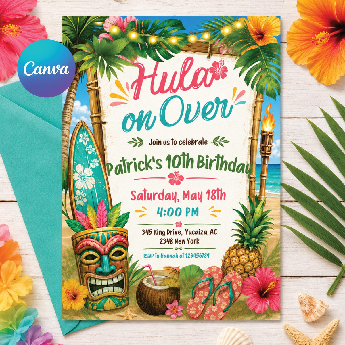 Hula on Over Tropical 10th Birthday Invitation — editable Canva template