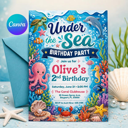 Pink Watercolor Mermaid Birthday Invitation — editable Canva template