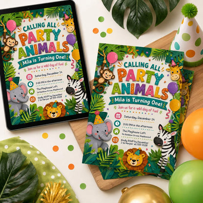 Party Animals Birthday Invitation Pastel Rainbow Cheetah Print Leopard Print Wild Safari Animals Birthday Party, Jungle Animals Birthday __etsy:8063073020