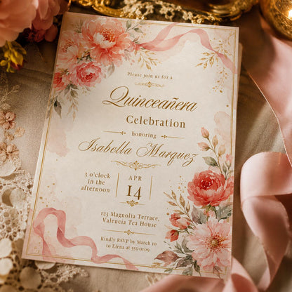 Coral Floral Quinceañera Invitation with Ribbon Detail — invitation you personalize in Canva
