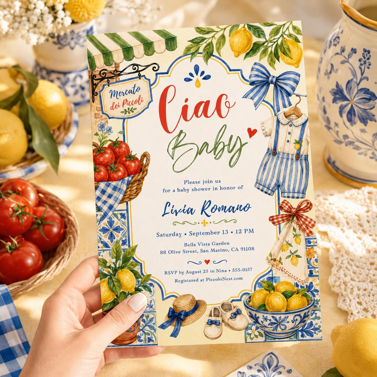 Ciao Baby Shower Invitation Template, Amalfi Coast Lemon Mobile Evite, Editable Canva Blue Tile Theme, Mediterranean Baby Shower, Canva __etsy:8063181504
