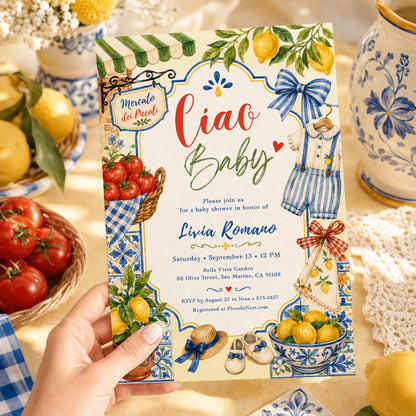 Ciao Baby Shower Invitation Template, Amalfi Coast Lemon Mobile Evite, Editable Canva Blue Tile Theme, Mediterranean Baby Shower, Canva __etsy:8063181504