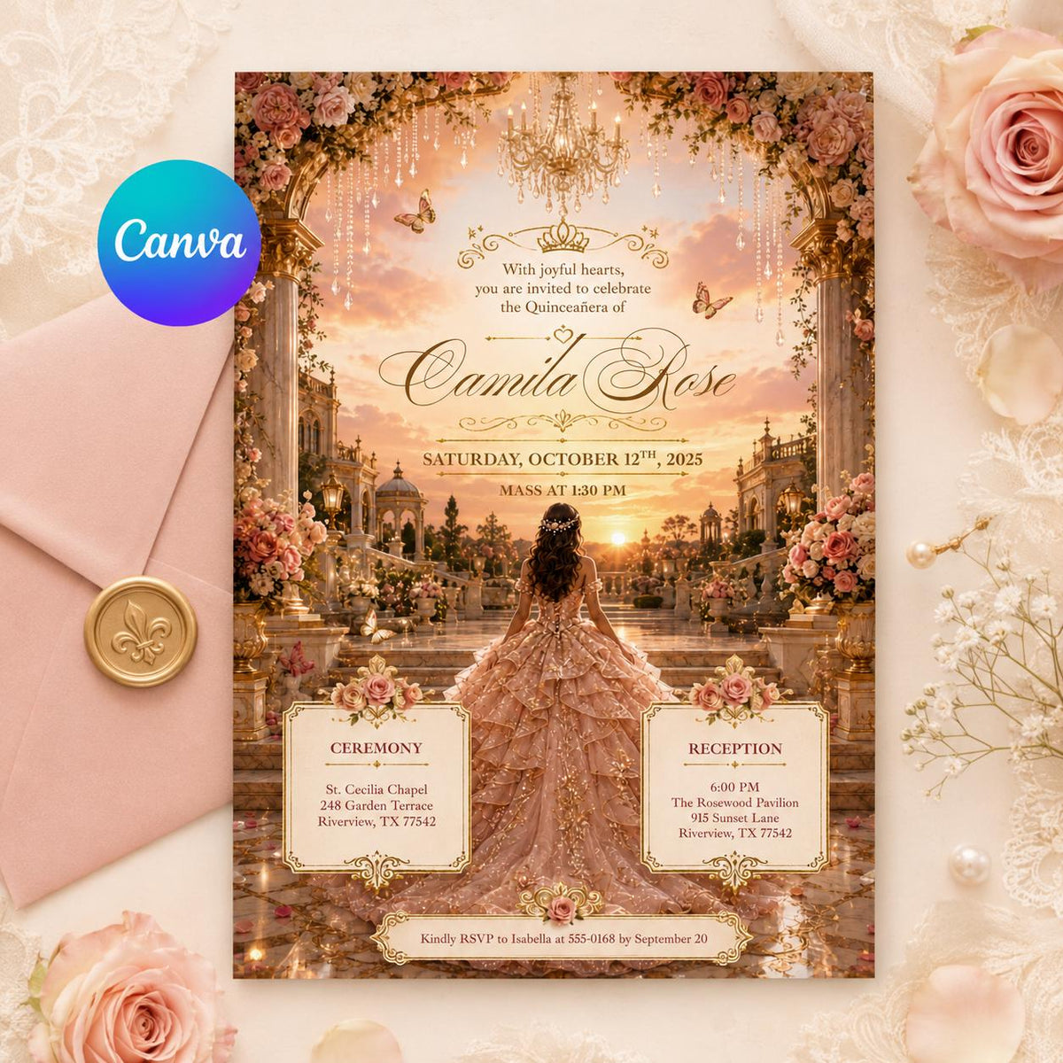 Rose Gold Quinceañera Invitation with Palace Garden Scene — editable Canva template