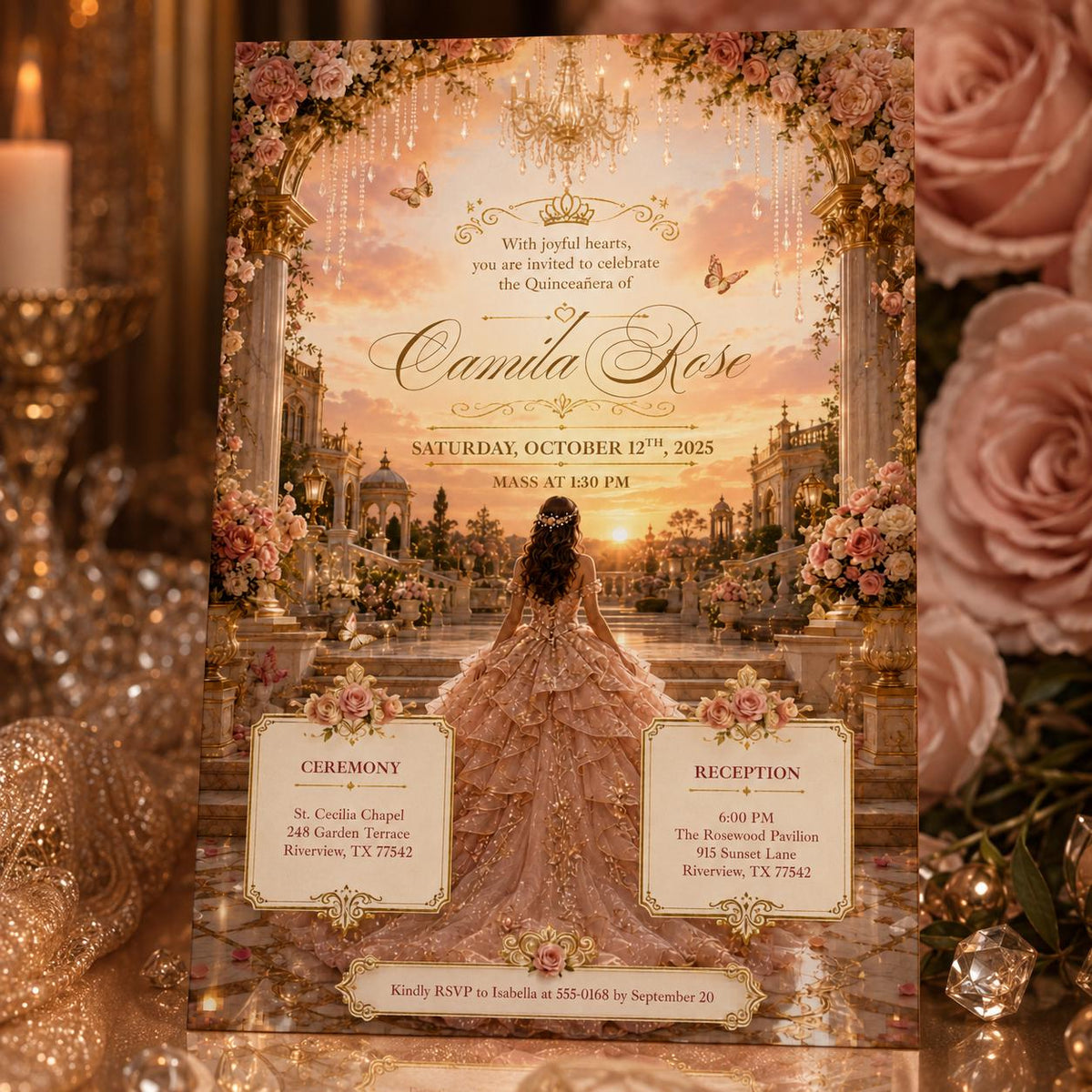 Rose Gold Quinceañera Invitation with Palace Garden Scene — print-ready quinceañera design from VoltBy