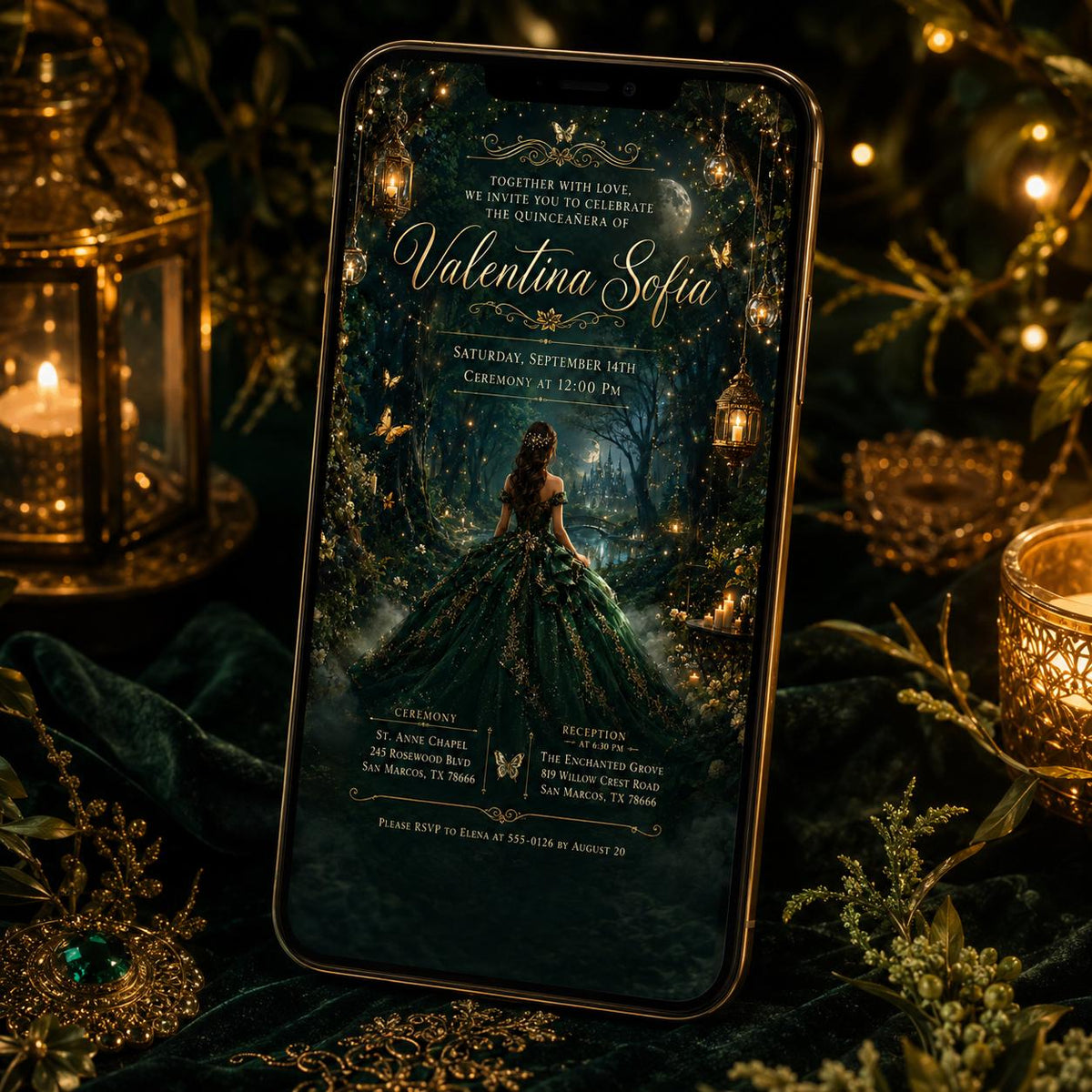 Enchanted Forest Quinceañera Invitation with Emerald Gown — print-ready quinceañera design from VoltBy