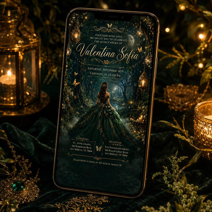Enchanted Forest Quinceañera Invitation with Emerald Gown — print-ready quinceañera design from VoltBy