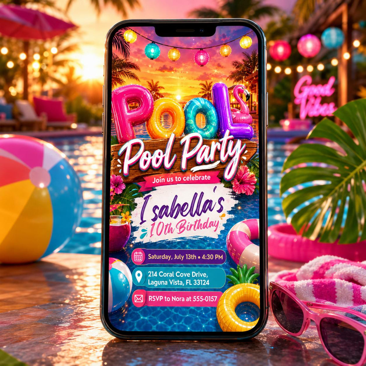 Sunset Pool Party 10th Birthday Invitation with Balloon Letters — invitation you personalize in Canva