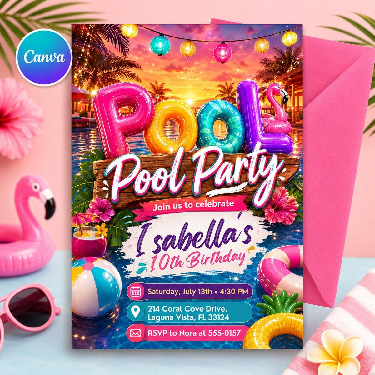Sunset Pool Party 10th Birthday Invitation with Balloon Letters — editable Canva template