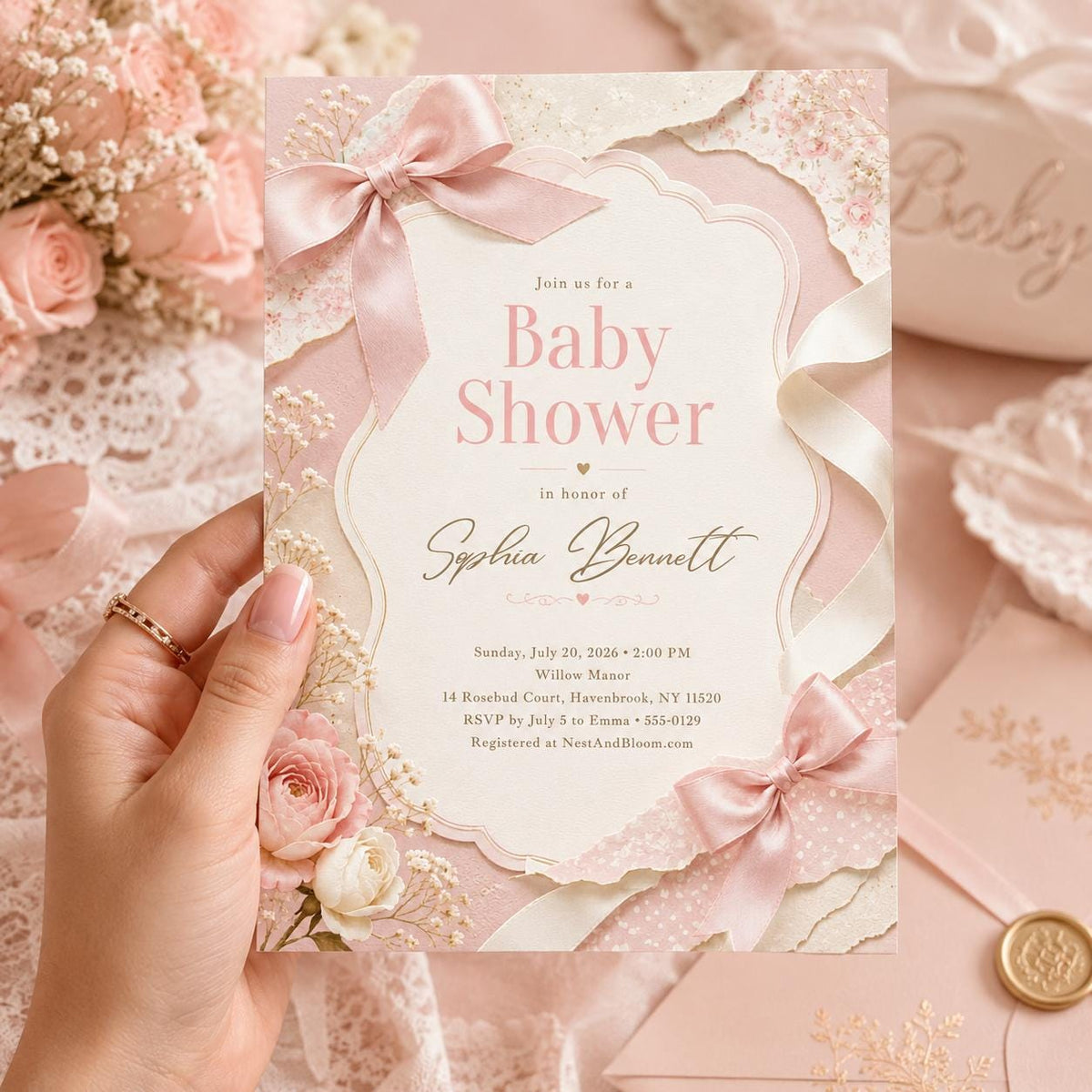 Pink Bow Baby Shower Invitation with Scalloped Frame — rose design