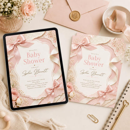 Pink Bow Baby Shower Invitation Template, Baby Girl Shower Canva Invite Coquette Bow Baby Shower, Girl Coquette Baby Shower Invite, Canva __etsy:8063821748