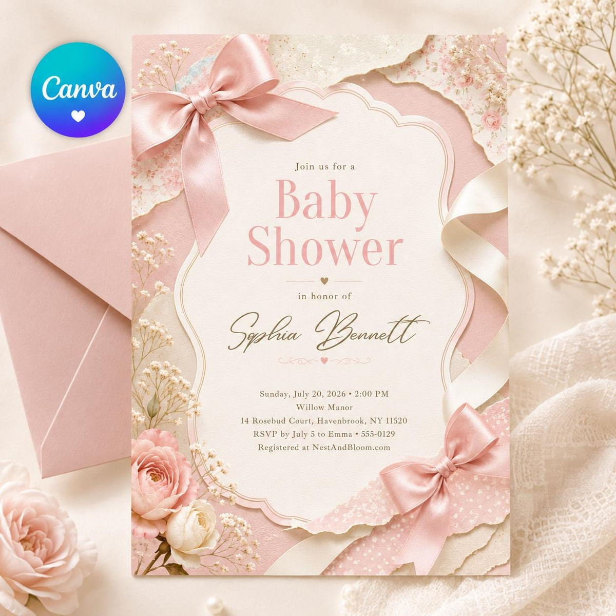 Pink Bow Baby Shower Invitation with Scalloped Frame — editable Canva template