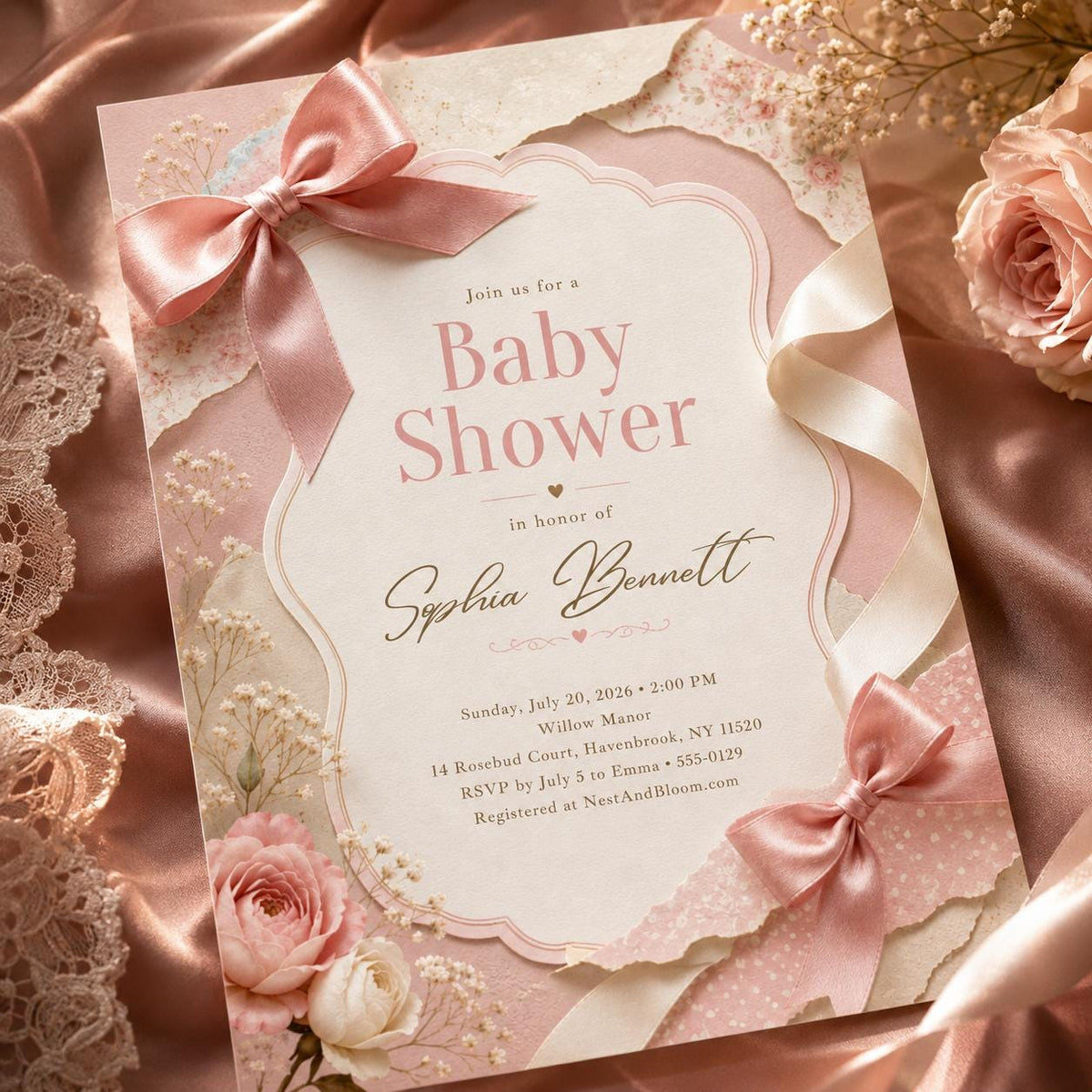 Pink Bow Baby Shower Invitation with Scalloped Frame — rose artwork in cream