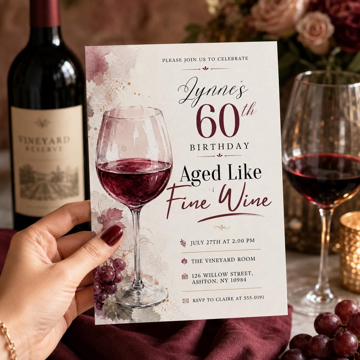 Aged Like Fine Wine , 60th Birthday Invitation , wine invitations,aged to perfection,bridal wine,shower wine , wine tasting , Canva Template __etsy:8064341586