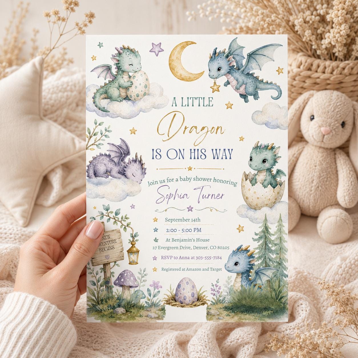 Dragon Baby Shower Invitation, A Little Dragon is on the way, Fairytale Baby Shower Invitation,  , Gender Neutral, Editable Canva Template __etsy:8066425477