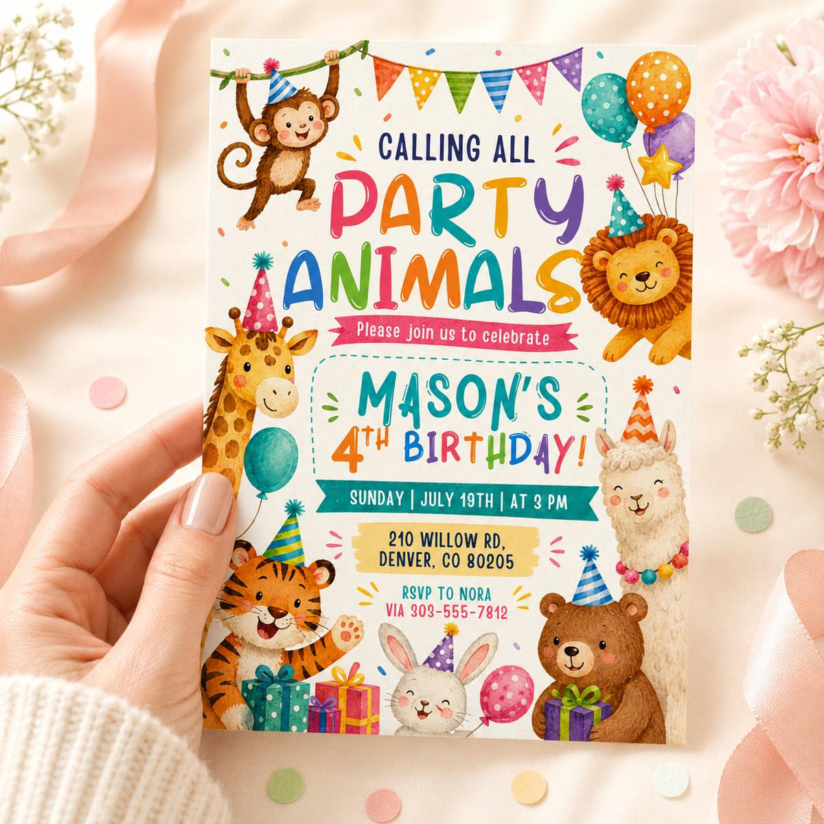 Calling All Party Animals 4th Birthday Invitation — 4th birthday party stationery by VoltBy