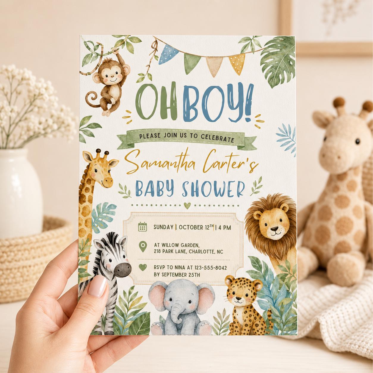 Safari Baby Shower Invitation, Oh Boy Safari Baby Shower Invitation, Jungle Animals Boy Baby Shower Invite, Neutral Greenery Canva Template __etsy:8066504033