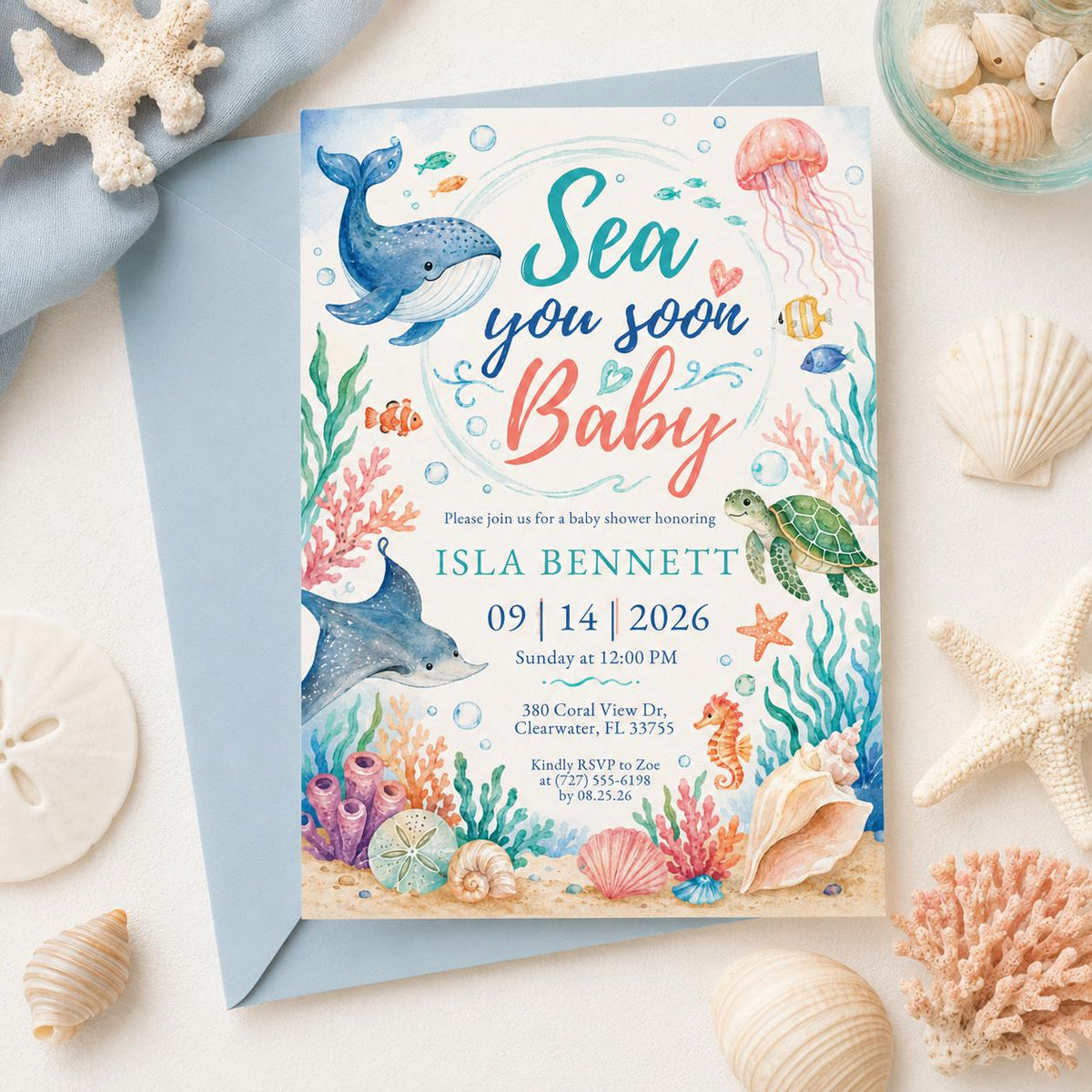 Sea You Soon Baby Shower Invitation with Whale and Dolphin — watercolor baby shower design