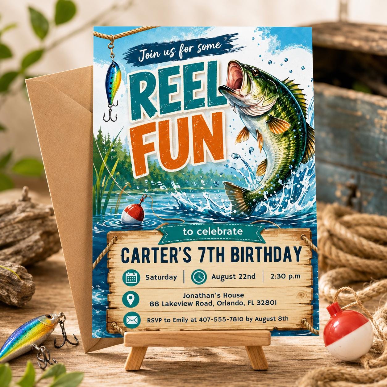 Fishing Birthday Invitation, First Birthday Fishing Invitation; Editable Canva Template __etsy:8066710291