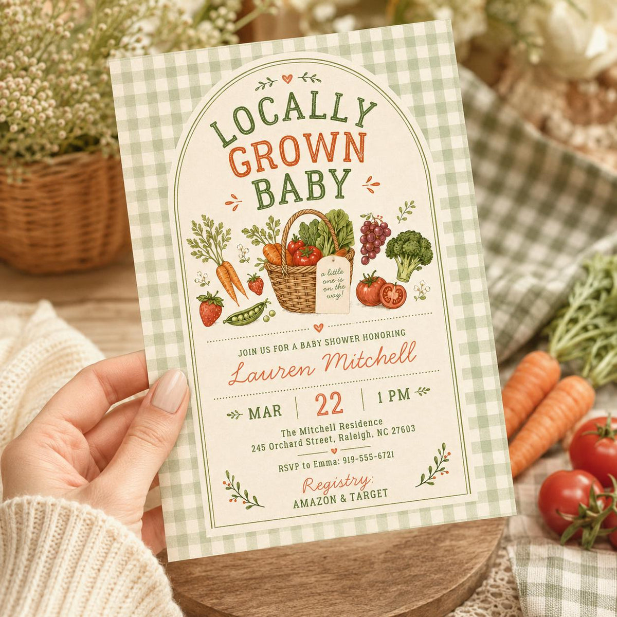 Locally Grown Baby Shower Invitation with Green Gingham — invitation you personalize in Canva