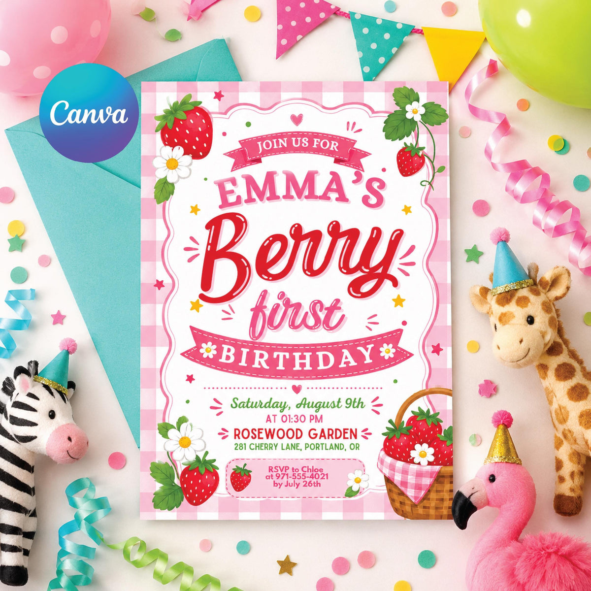Berry First Birthday Invitation with Scalloped Border — editable Canva template