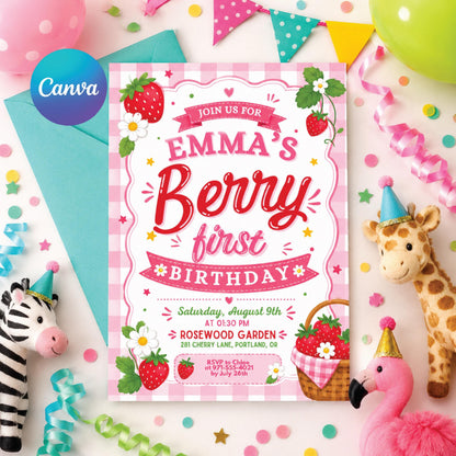 Berry First Birthday Invitation with Scalloped Border — editable Canva template