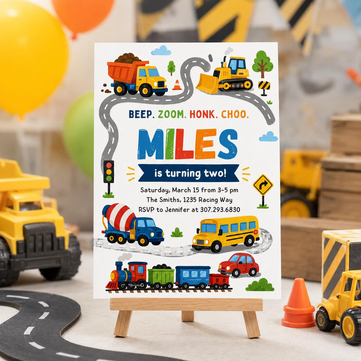 Beep Zoom Honk Choo Transportation 2nd Birthday Invitation — fire truck and school bus design