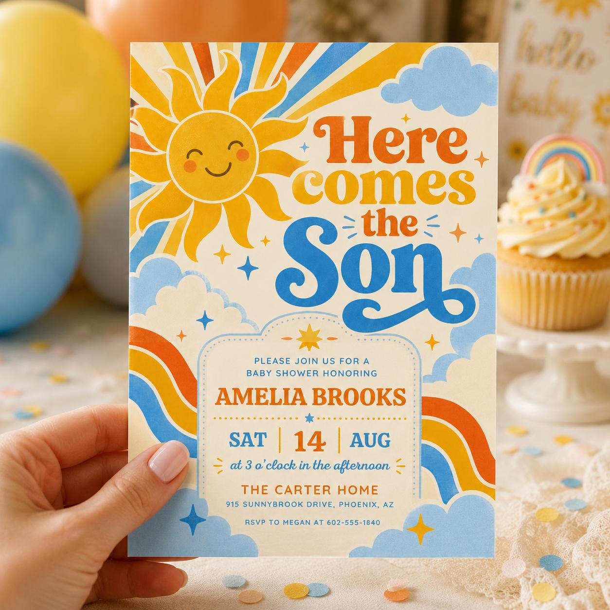 Retro Sun Baby Shower Invitation , Here Comes the Son Invite, Groovy Retro Baby Boy Sun Sunshine Baby Shower Invite, Boy Boho Sonshine Canva __etsy:8067058887
