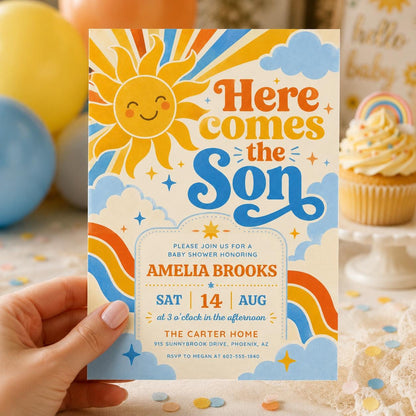 Retro Sun Baby Shower Invitation , Here Comes the Son Invite, Groovy Retro Baby Boy Sun Sunshine Baby Shower Invite, Boy Boho Sonshine Canva __etsy:8067058887