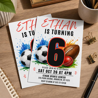 Sports Birthday Invitation, Editable Canva Template, Printable All-Star Party Invite, Multi-Sport Theme Birthday Card for Kids __etsy:8067232536
