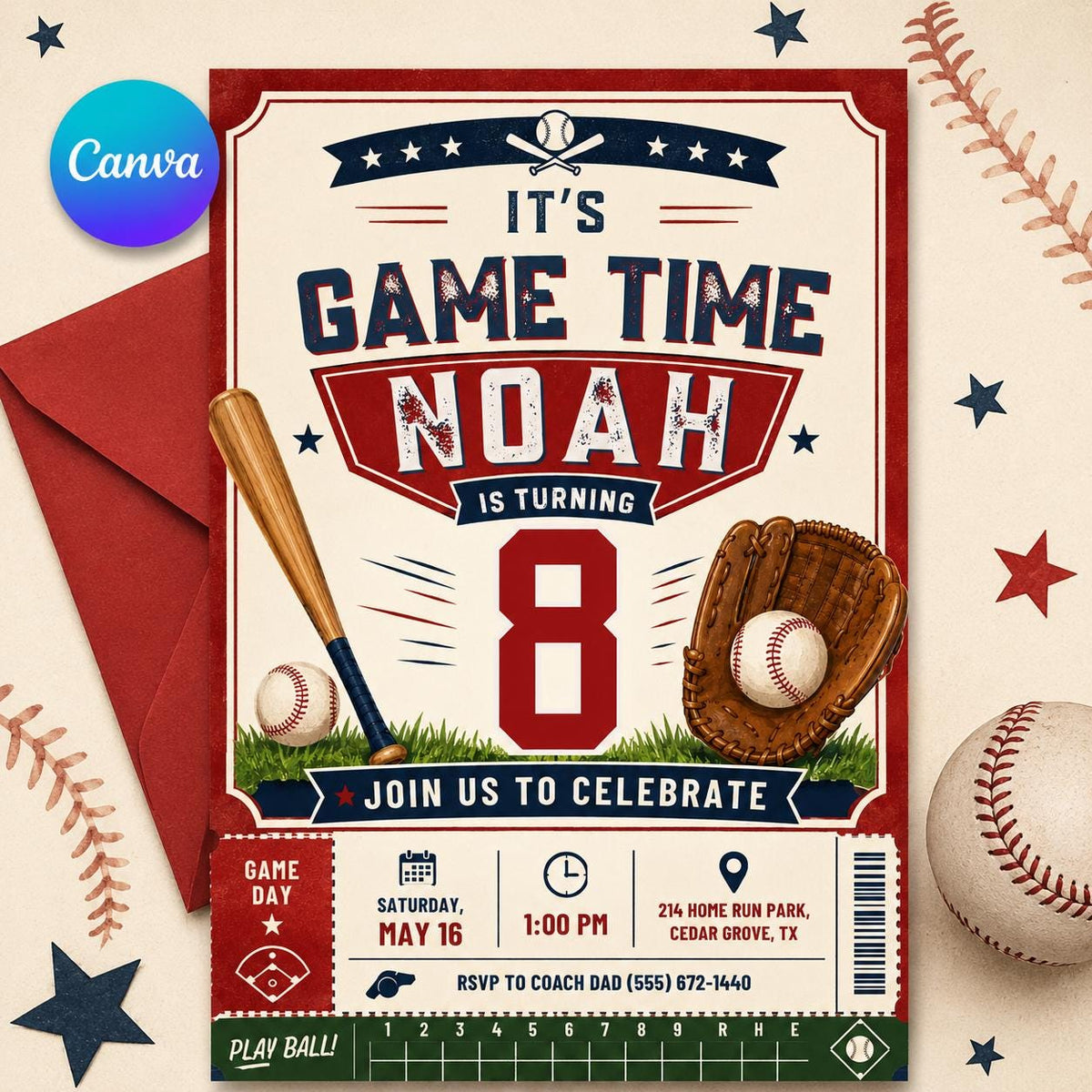 Neon It’s Game Time 8th Birthday Invitation — editable Canva template