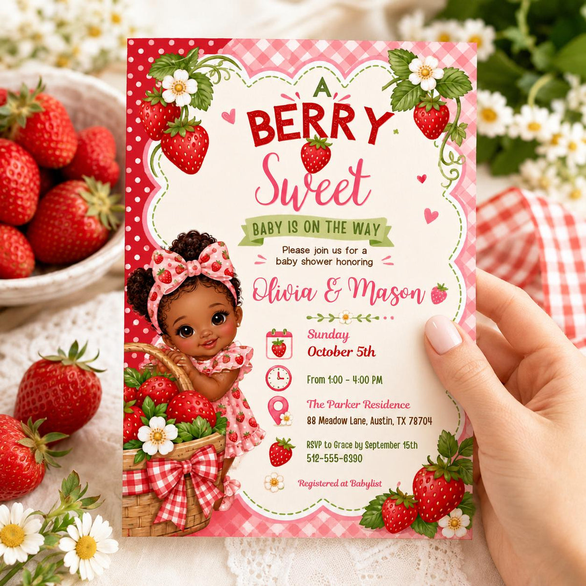 Berry Sweet Baby Shower Invitation with Baby Illustration — floral and strawberry design