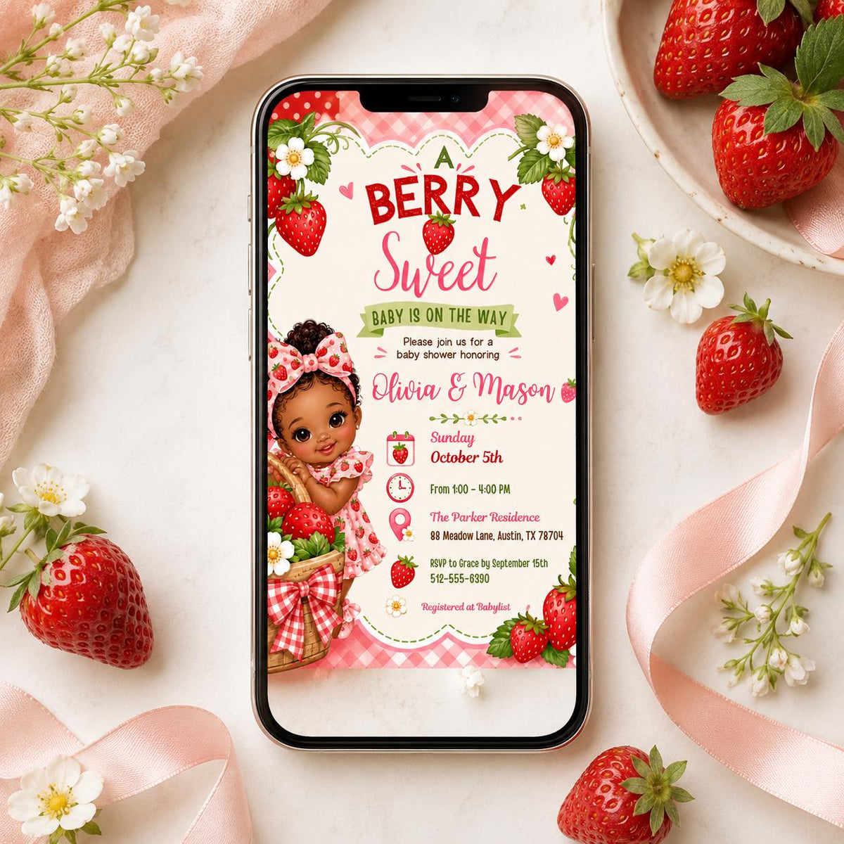 Berry Sweet Baby Shower Invitation with Baby Illustration — invitation you personalize in Canva