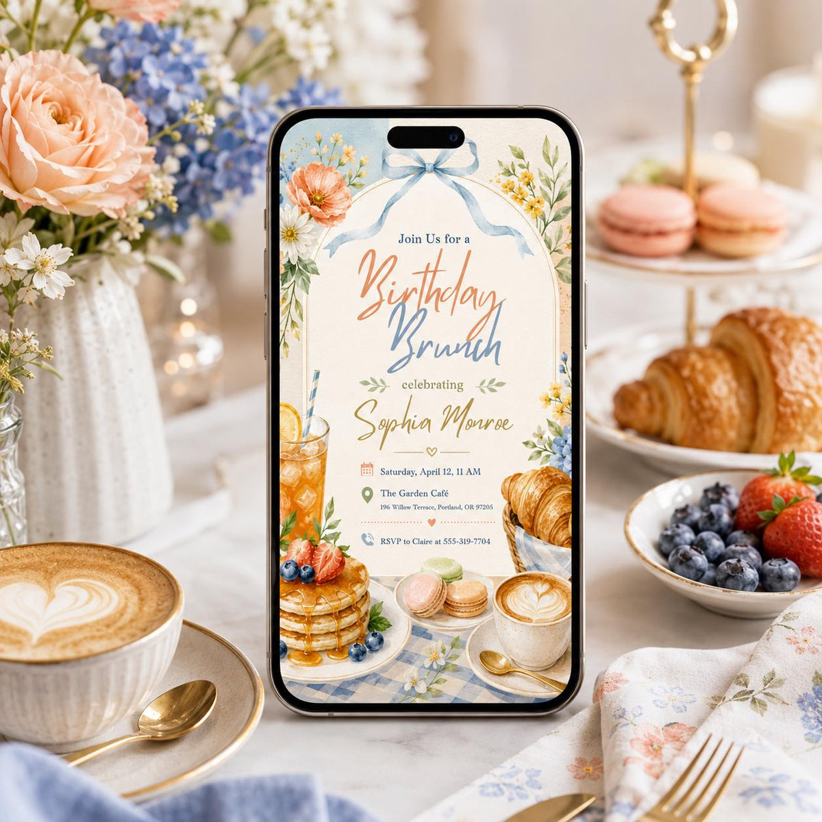 Watercolor Birthday Brunch Invitation with Blue Bow — baking design