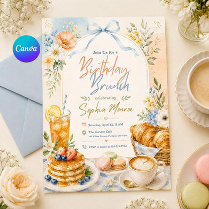 Watercolor Birthday Brunch Invitation with Blue Bow — editable Canva template