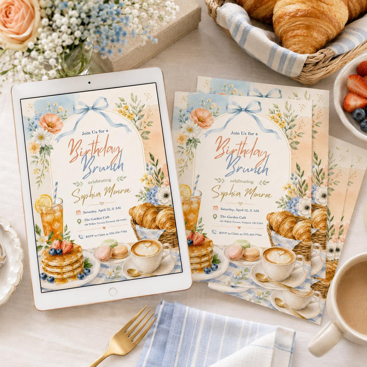 Watercolor Birthday Brunch Invitation with Blue Bow — floral birthday party design