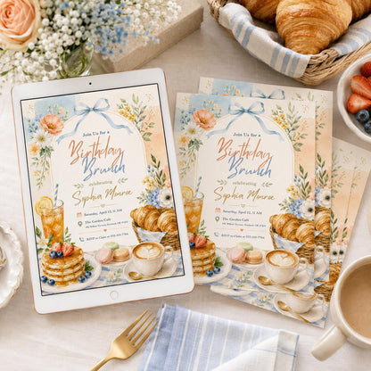 Watercolor Birthday Brunch Invitation with Blue Bow — floral birthday party design