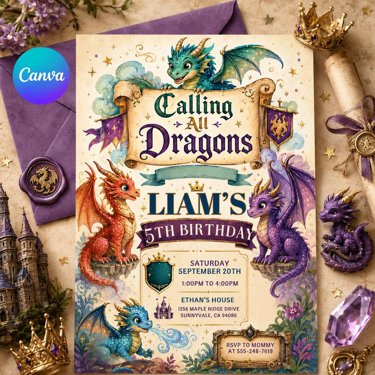 Calling All Dragons 5th Birthday Invitation — editable Canva template