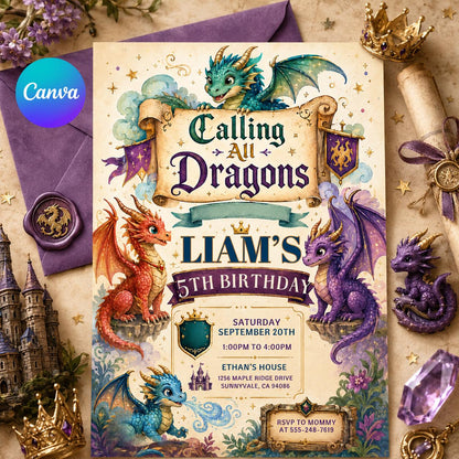 Calling All Dragons 5th Birthday Invitation — editable Canva template
