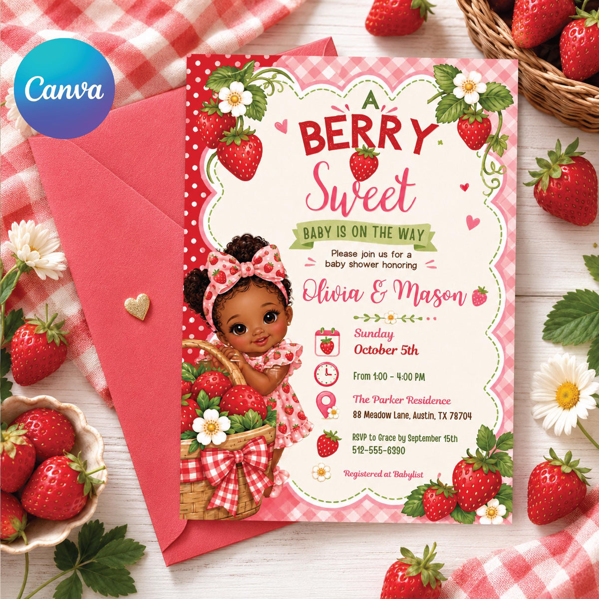 Berry Sweet Baby Shower Invitation with Baby Illustration — editable Canva template